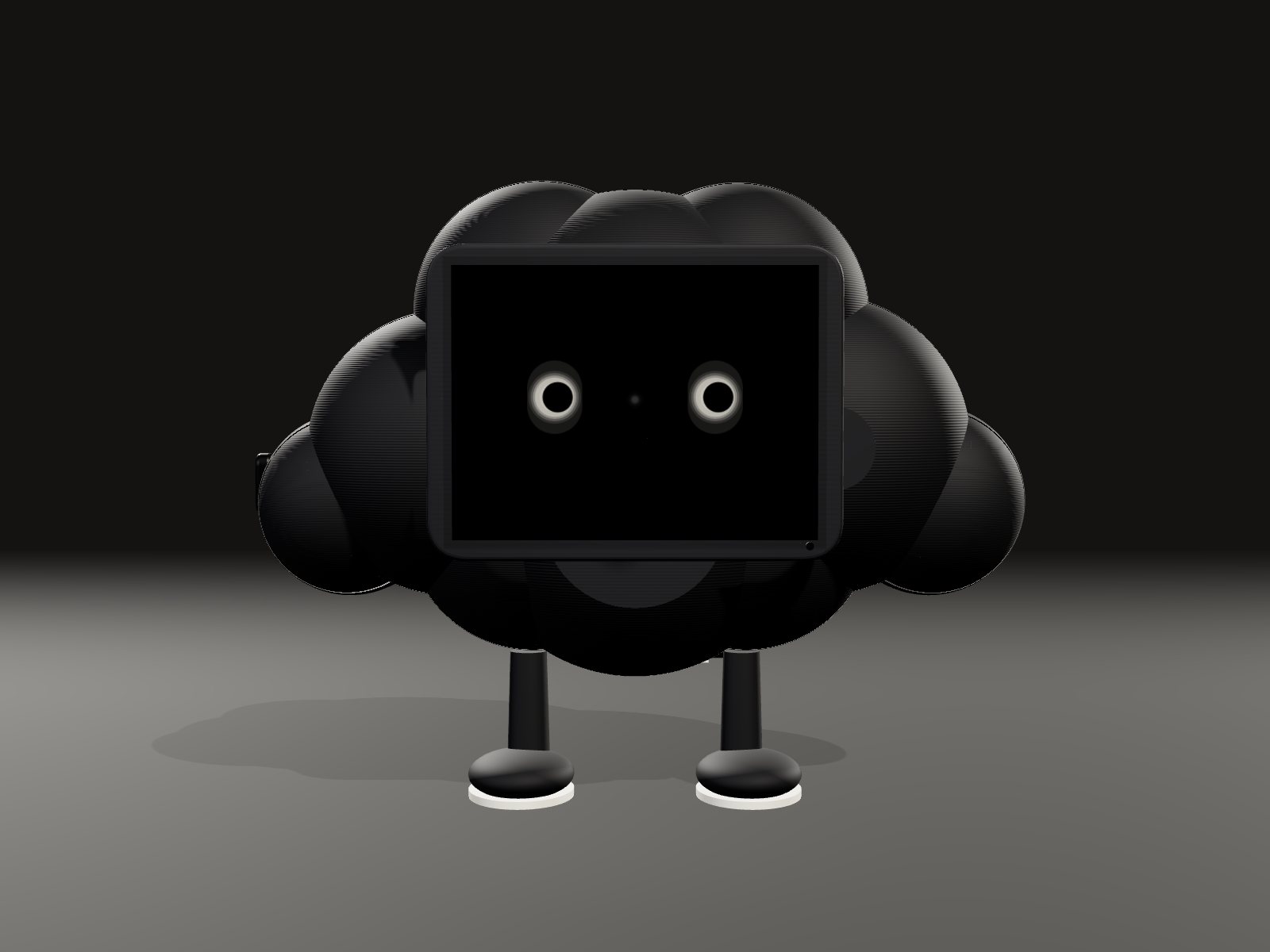 Byte de frente: nube negra mate con pantalla y ojos Eclipse, sobre dos piecitos